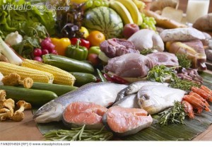 Variety of fish, meats, vegetables, and fruits